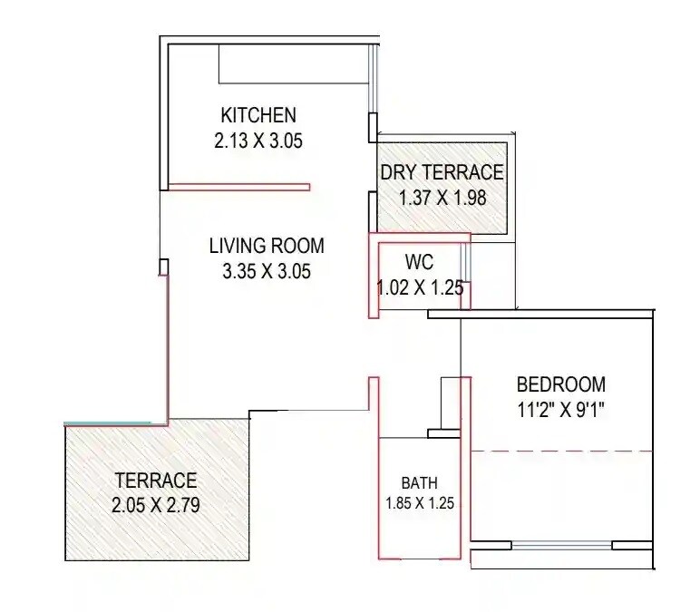 Floor plan of 1 BHK 432 Sq. Ft. Apartment in Sapphire Towers Charholi Budruk, Pune