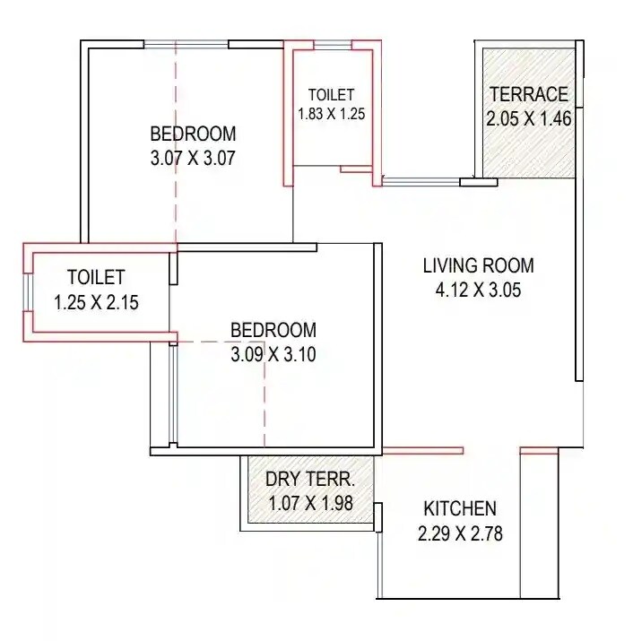 Floor plan of 2 BHK 565 Sq. Ft. Apartment in Sapphire Towers Charholi Budruk, Pune