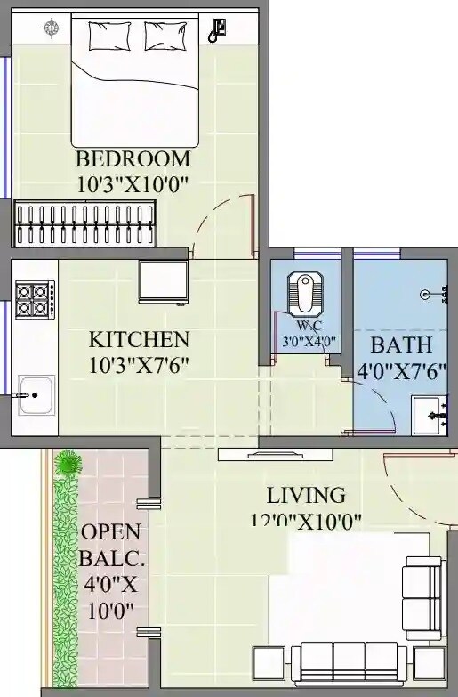 Floor plan of 1 BHK 413 Sq. Ft. Apartment in Saptarshi Kamal Baug, Pune