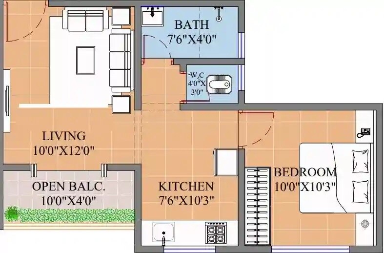 Floor plan of 1 BHK 429 Sq. Ft. Apartment in Saptarshi Kamal Baug, Pune