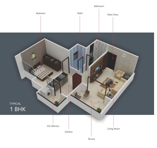 Floor plan of 1 BHK 584 Sq. Ft. Apartment in Sara City Phase IV, Pune