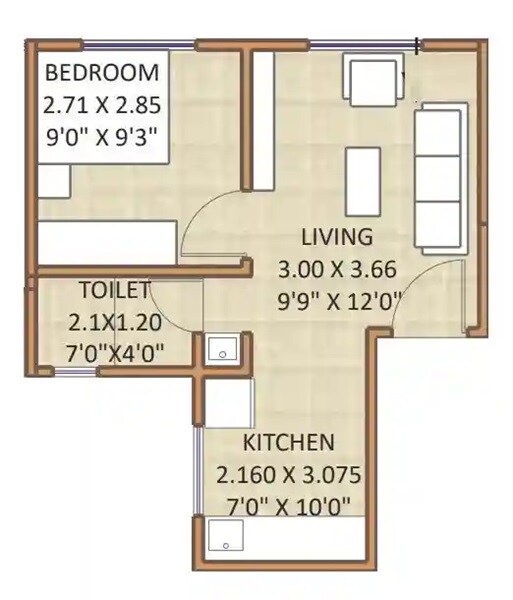 Floor plan of 1 BHK 350 Sq. Ft. Apartment in Sara Nilaay, Pune