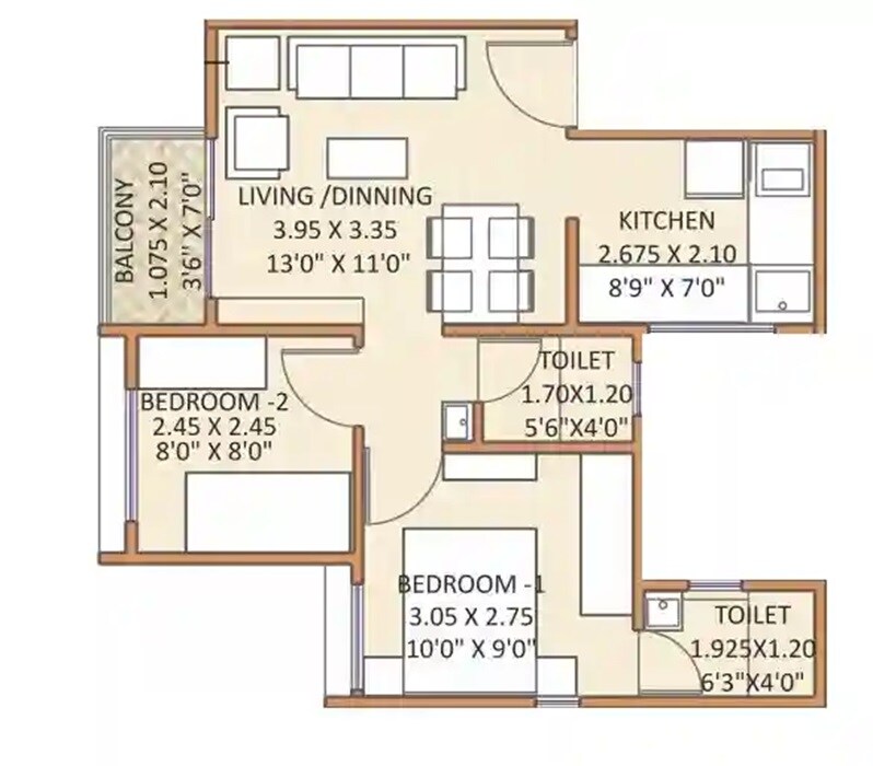 Floor plan of 2 BHK 426 Sq. Ft. Apartment in Sara Nilaay, Pune