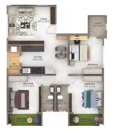 Floor plan of 3 BHK Apartment - 1160 sq. ft. in Saransh Shital CHS, Pune