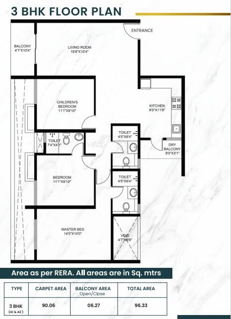 Floor plan of 3 BHK 1037 Sq. Ft. Apartment in Sarsan Nancy Hillview, Pune