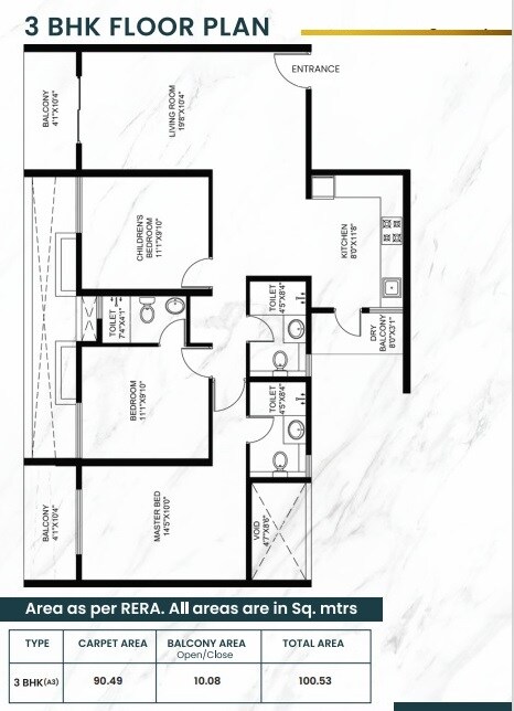 Floor plan of 3 BHK 1083 Sq. Ft. Apartment in Sarsan Nancy Hillview, Pune