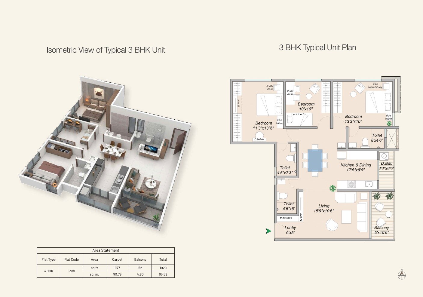 Floor plan of 3 BHK 1029 Sq. Ft. Apartment in Sarthak Aaradhana, Pune