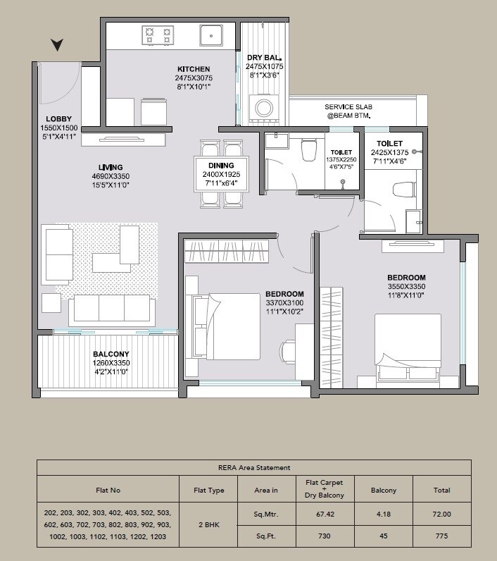 Floor plan of 2 BHK 775 Sq. Ft. Apartment in Sarthak Sahayog, Pune