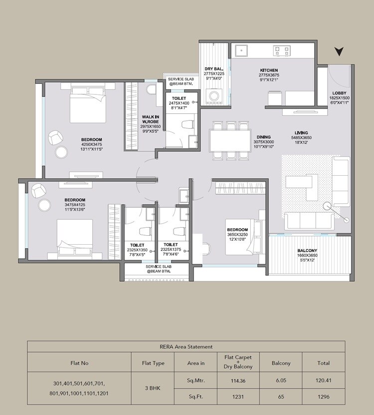 Floor plan of 3 BHK 1296 Sq. Ft. Apartment in Sarthak Sahayog, Pune