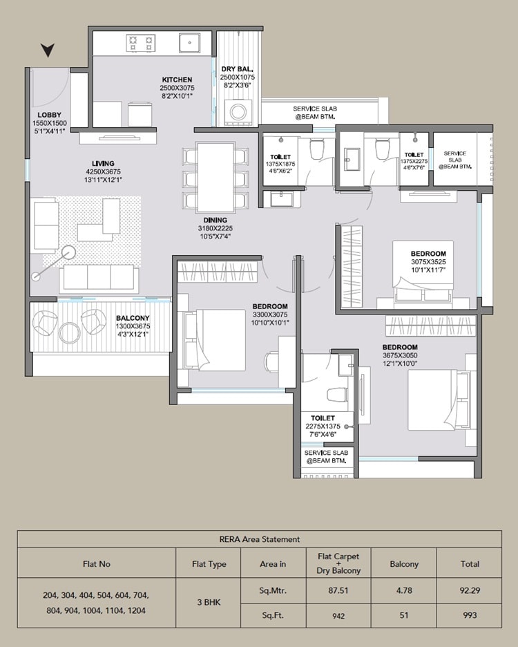 Floor plan of 3 BHK 993 Sq. Ft. Apartment in Sarthak Sahayog, Pune