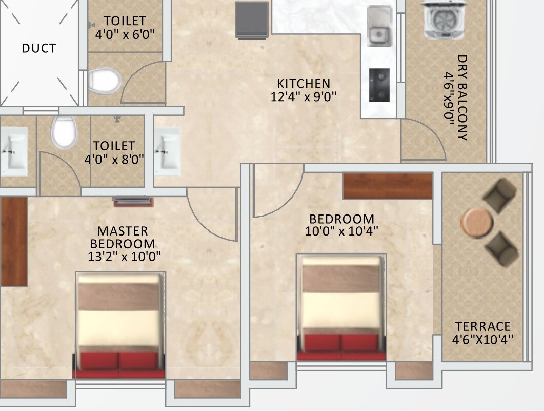 Floor plan of 2 BHK 860 Sq. Ft. Apartment in Sarthak Shantiban, Pune