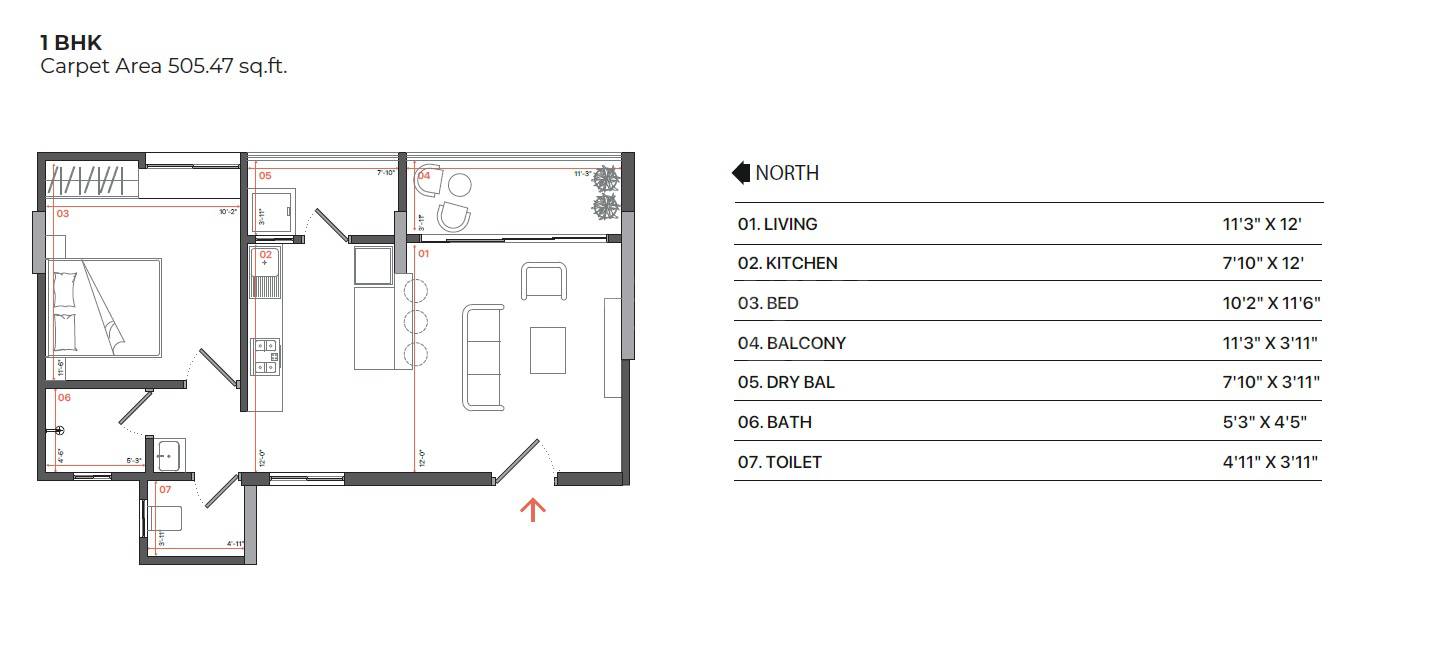 Floor plan of 1 BHK 505 Sq. Ft. Apartment in Sarvesh One Pirangut, Pune