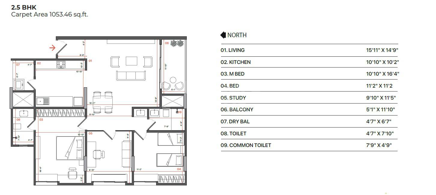 Floor plan of 2 BHK 1053 Sq. Ft. Apartment in Sarvesh One Pirangut, Pune