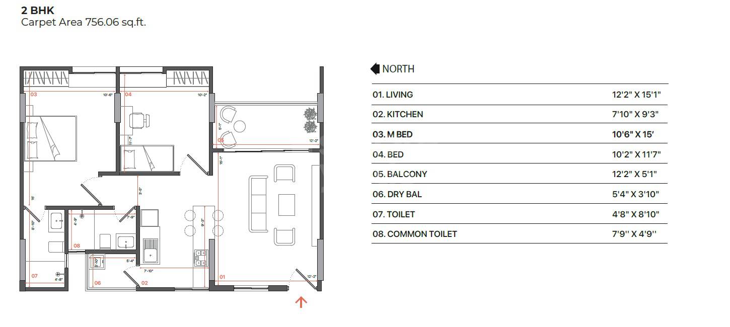 Floor plan of 2 BHK 756 Sq. Ft. Apartment in Sarvesh One Pirangut, Pune