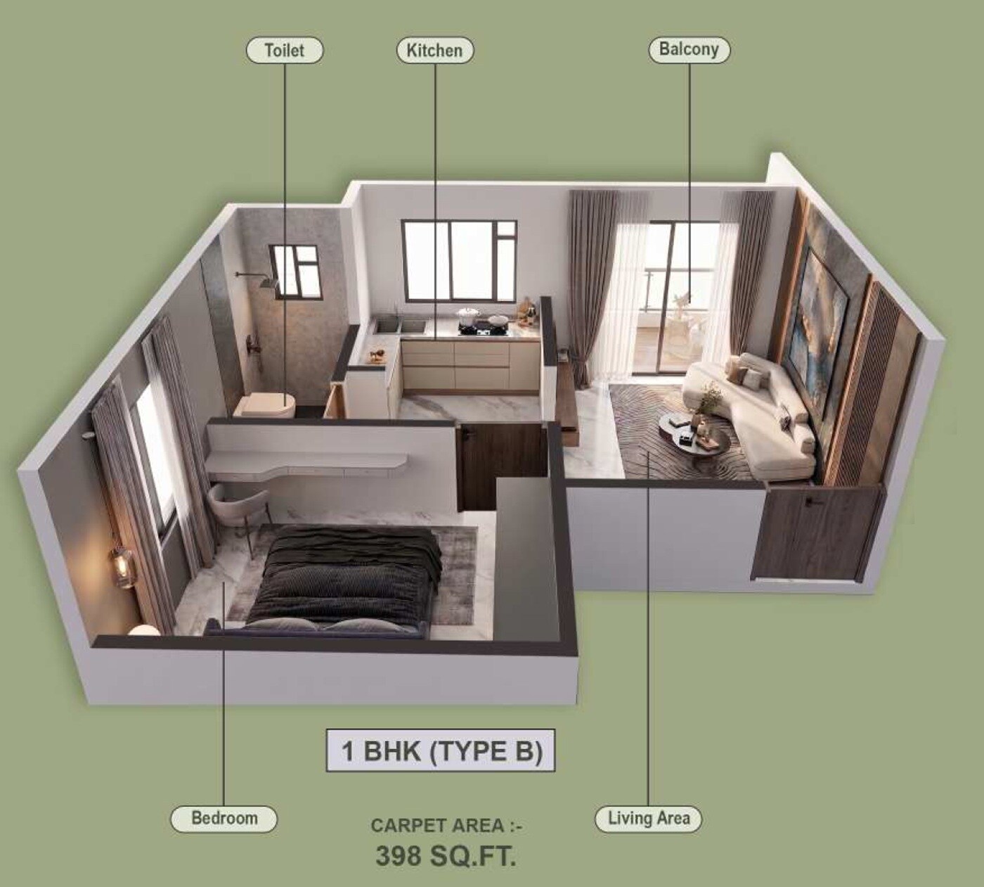 Floor plan of 1 BHK 398 Sq. Ft. Apartment in Satvik Raj Kunj, Pune