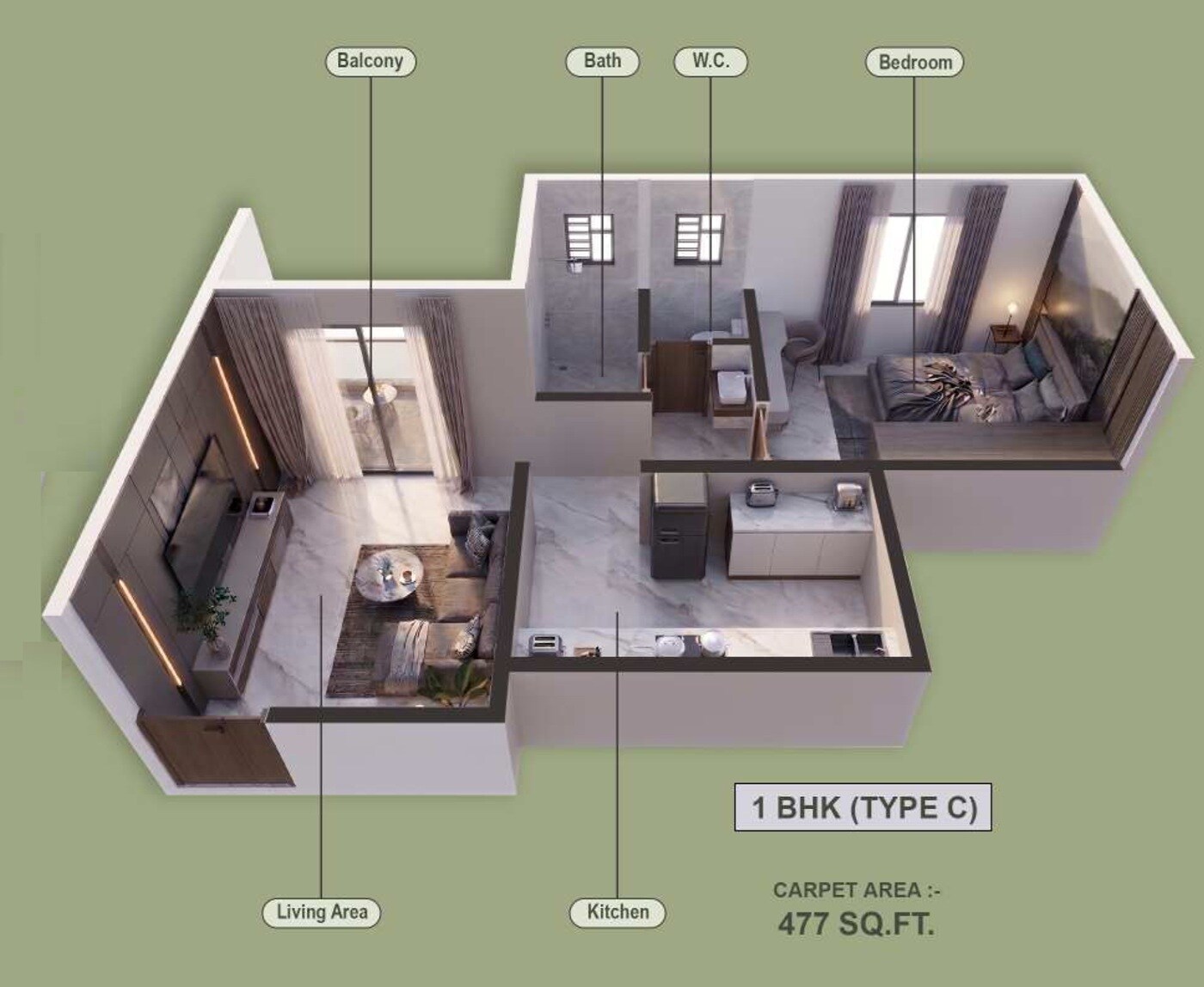 Floor plan of 1 BHK 477 Sq. Ft. Apartment in Satvik Raj Kunj, Pune