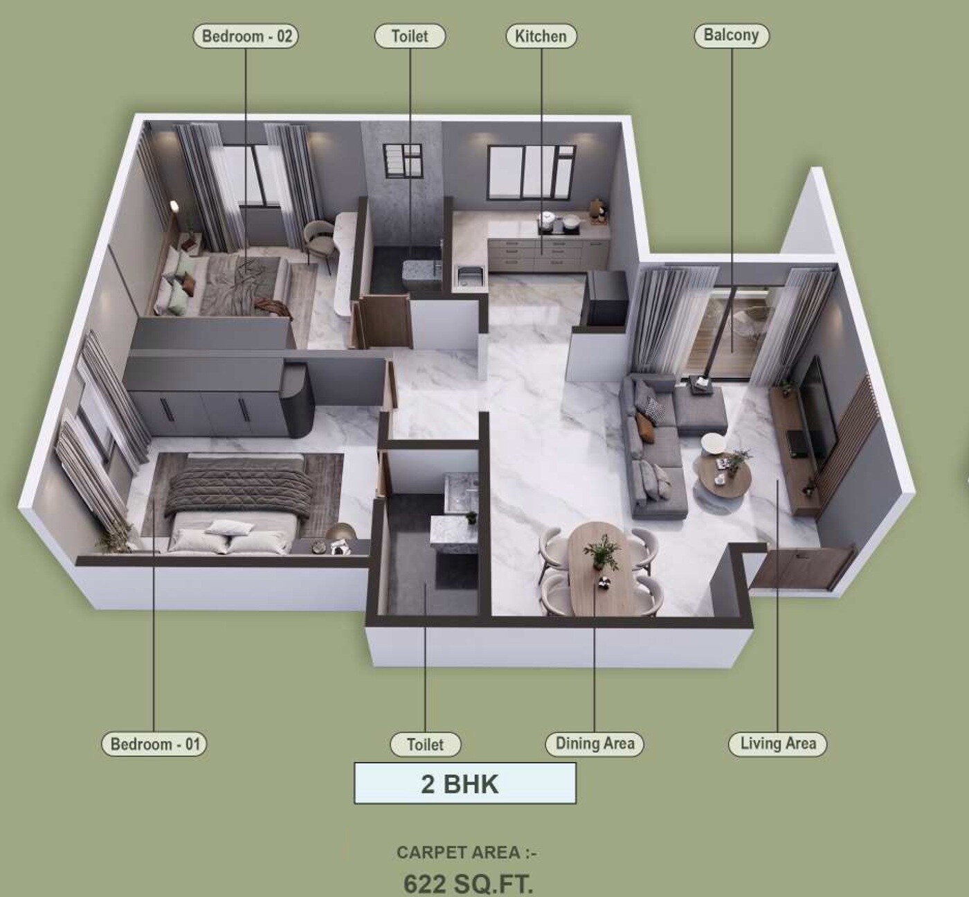 Floor plan of 2 BHK 622 Sq. Ft. Apartment in Satvik Raj Kunj, Pune