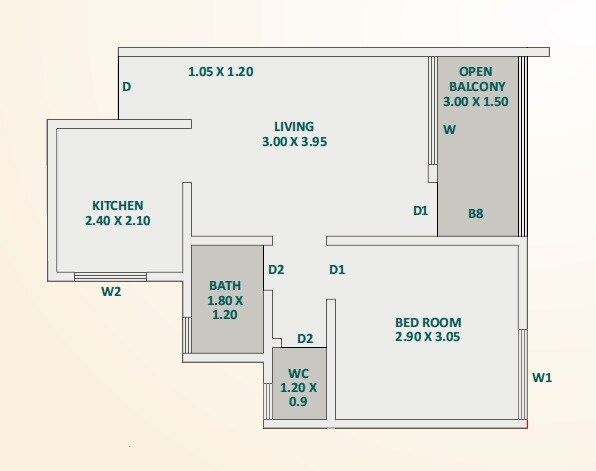 Floor plan of 1 BHK 361 Sq. Ft. Apartment in Satyam Shivam Phase 2, Pune