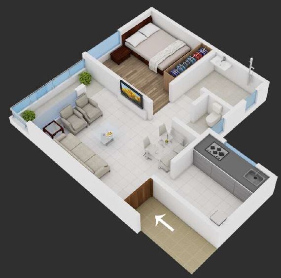 Floor plan of 1 BHK 392 Sq. Ft. Apartment in Satyam Shrey Phase 2, Pune