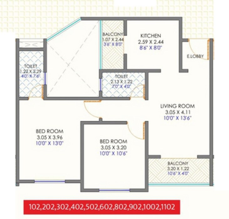Floor plan of 2 BHK 666 Sq. Ft. Apartment in Savali Paradise, Pune