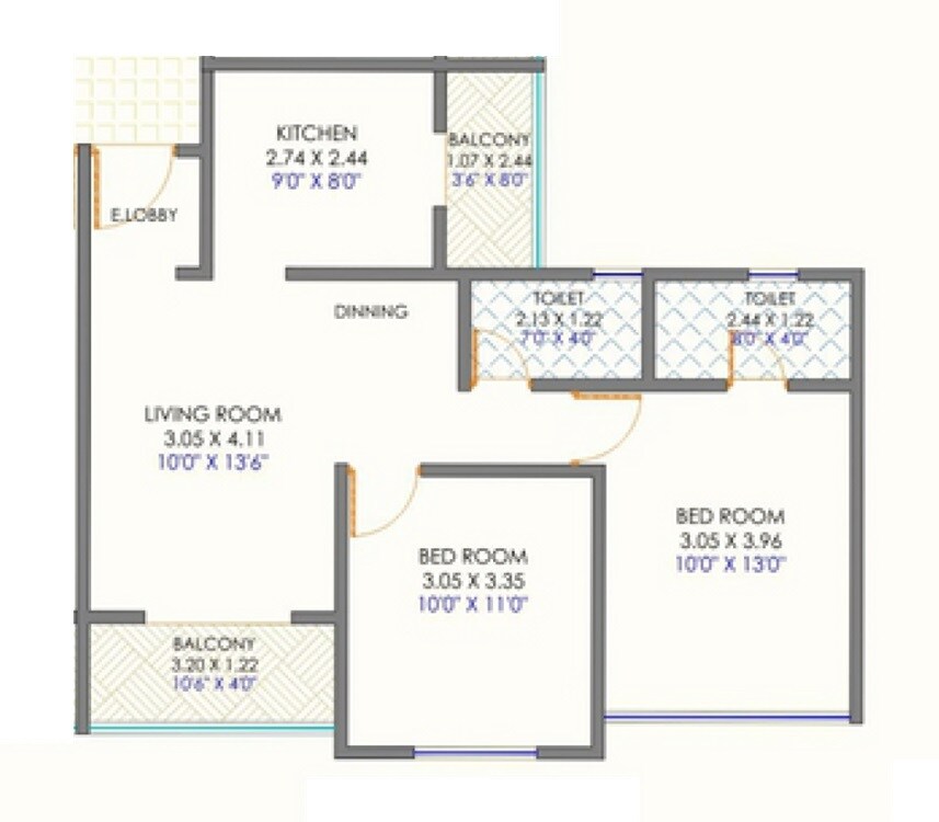 Floor plan of 2 BHK 698 Sq. Ft. Apartment in Savali Paradise, Pune