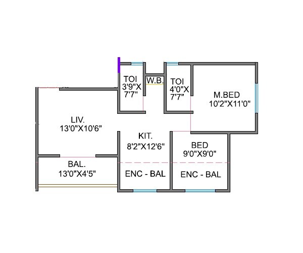 Floor plan of 2 BHK 643 Sq. Ft. Apartment in SB Patil Bliss County, Pune