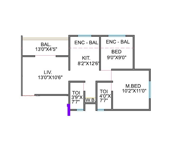 Floor plan of 2 BHK 665 Sq. Ft. Apartment in SB Patil Bliss County, Pune