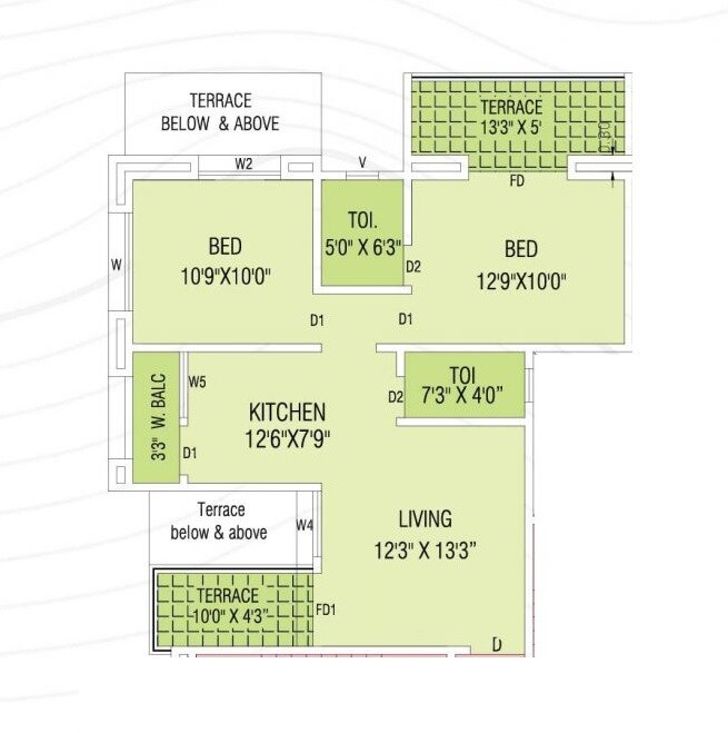 Floor plan of 2 BHK 738 Sq. Ft. Apartment in SB Patil Ganesh Samruddhi, Pune