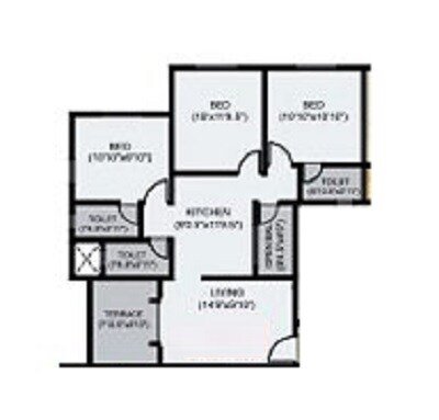 Floor plan of 3 BHK 828 Sq. Ft. Apartment in SB Patil Ganesh Siddhi, Pune