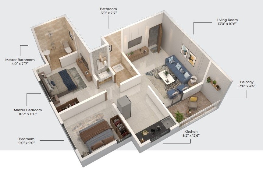 Floor plan of 2 BHK 617 Sq. Ft. Apartment in SB Patil Siddhi Nest, Pune
