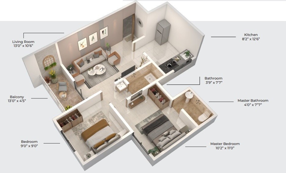 Floor plan of 2 BHK 622 Sq. Ft. Apartment in SB Patil Siddhi Nest, Pune
