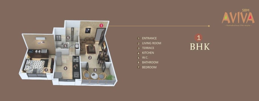 Floor plan of 1 BHK 325 Sq. Ft. Apartment in SBM Aviva, Pune