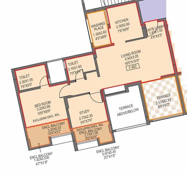 Floor plan of 2 BHK 624 Sq. Ft. Apartment in Scapers The Leaf, Pune