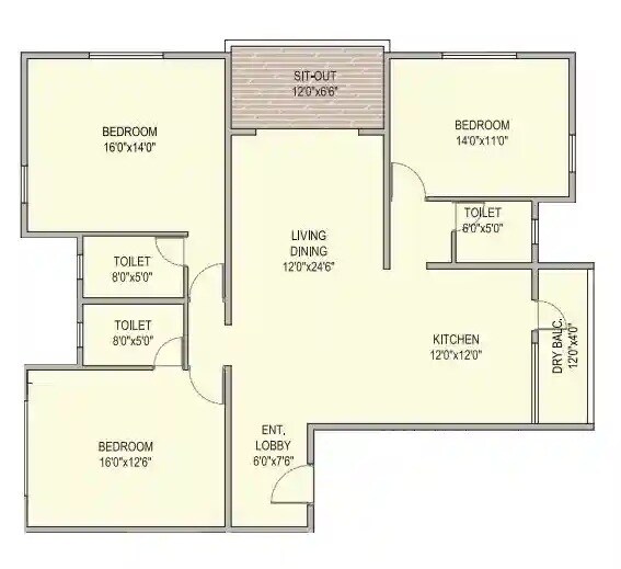 Floor plan of 3 BHK 1475 Sq. Ft. Apartment in Scon Pushkaraj, Pune