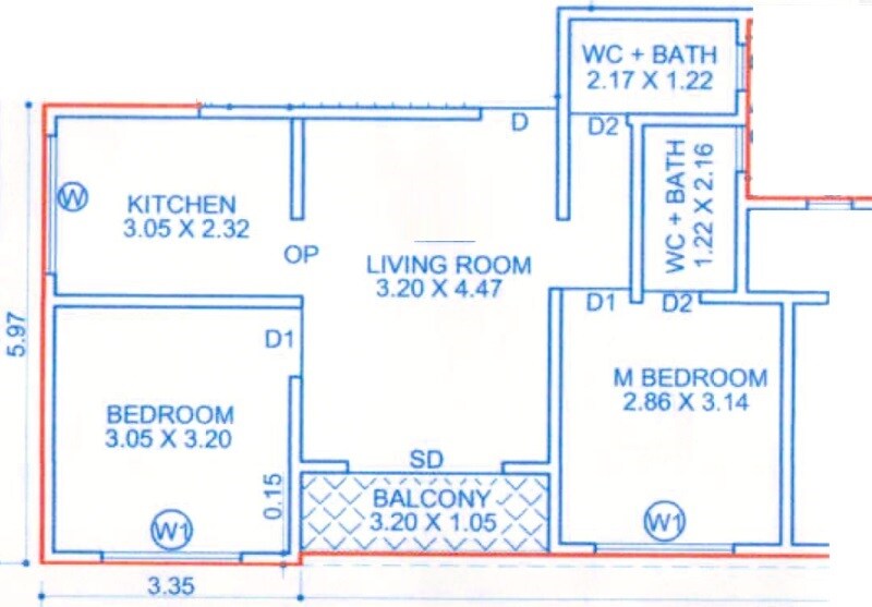 Floor plan of 2 BHK 550 Sq. Ft. Apartment in Sehgnor Anandi Madhav Smruti, Pune