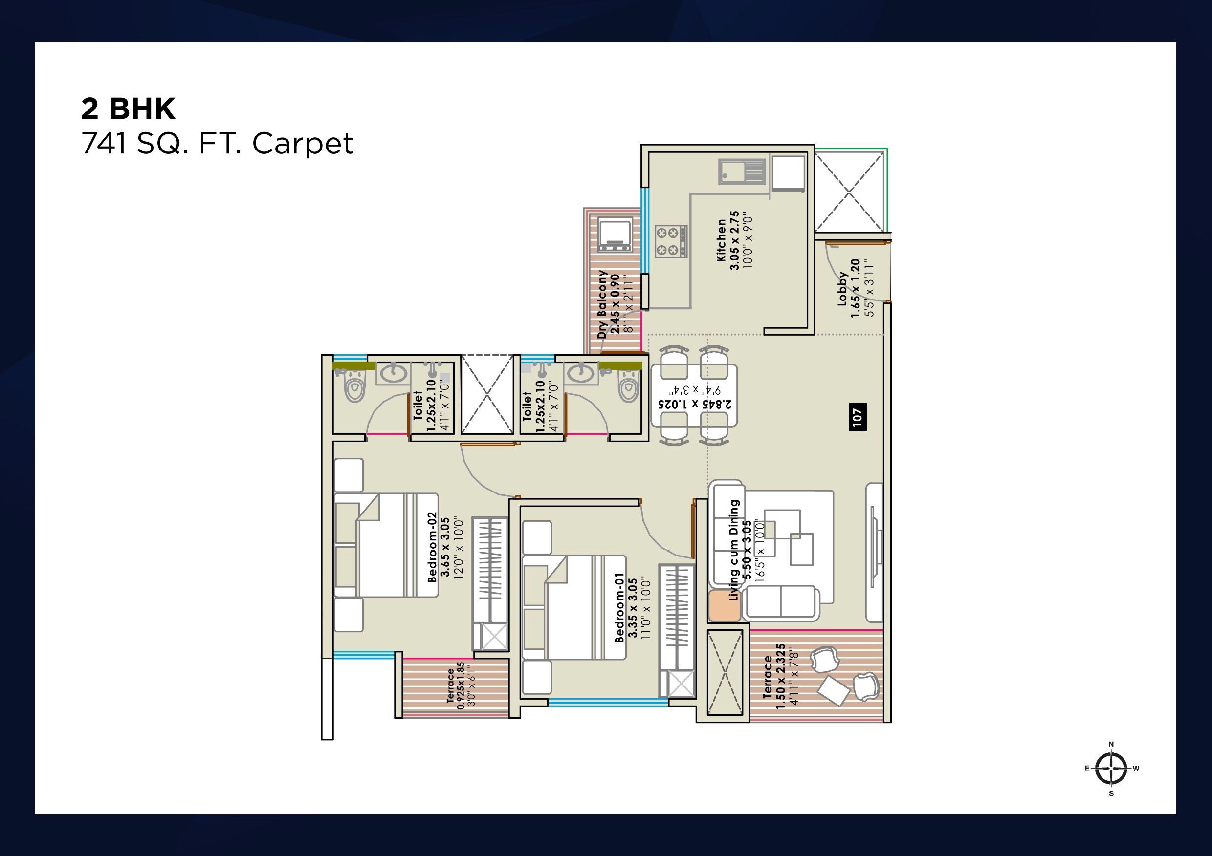 Floor plan of 2 BHK 741 Sq. Ft. Apartment in Sentosa Edge, Pune