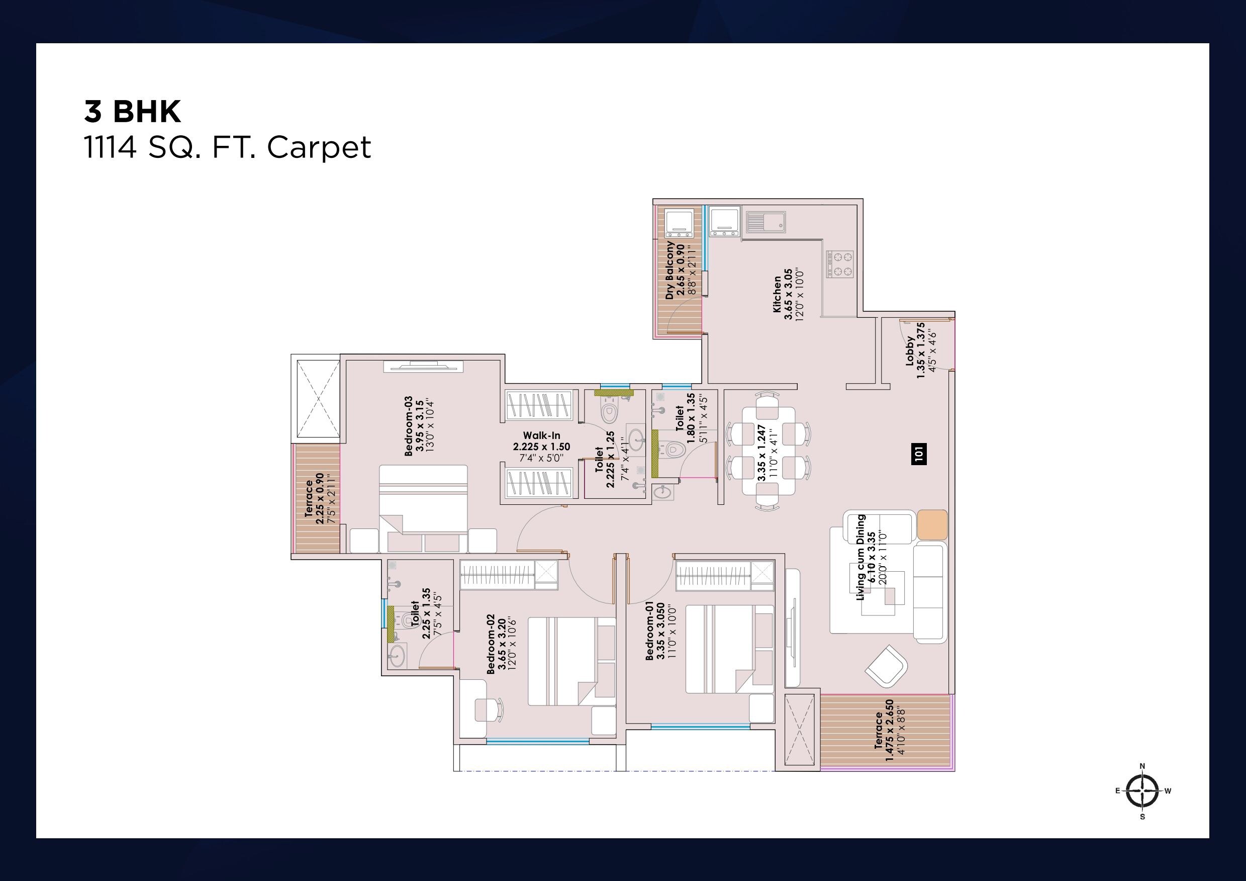 Floor plan of 3 BHK 1114 Sq. Ft. Apartment in Sentosa Edge, Pune