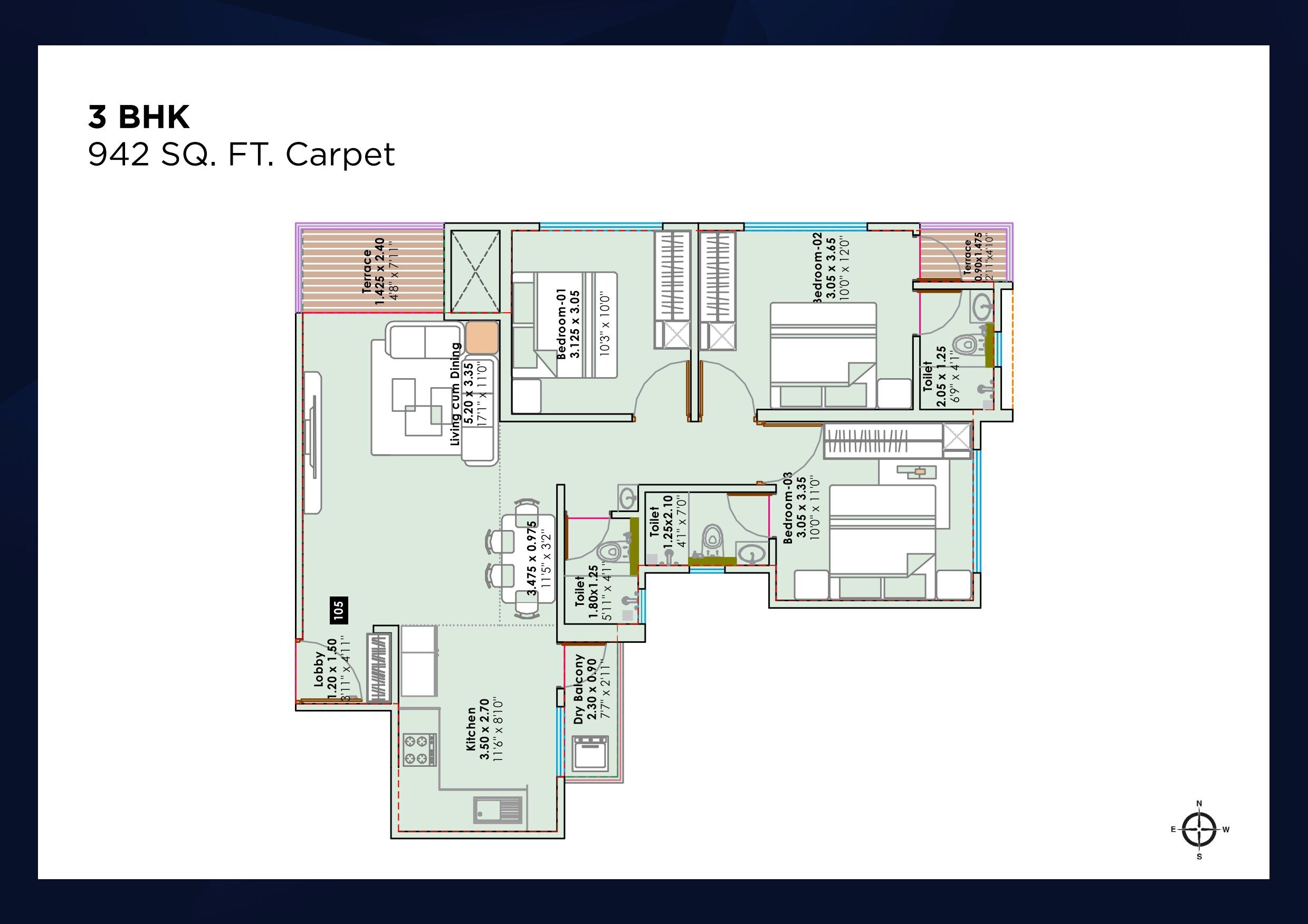 3 BHK 942 Sq. Ft. Apartment