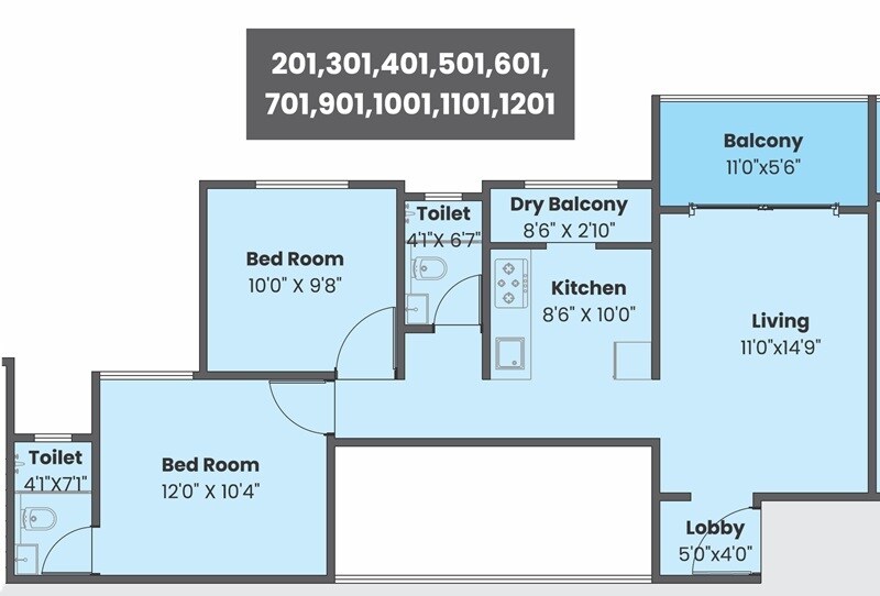 Floor plan of 2 BHK 698 Sq. Ft. Apartment in Sentosa Ekam, Pune