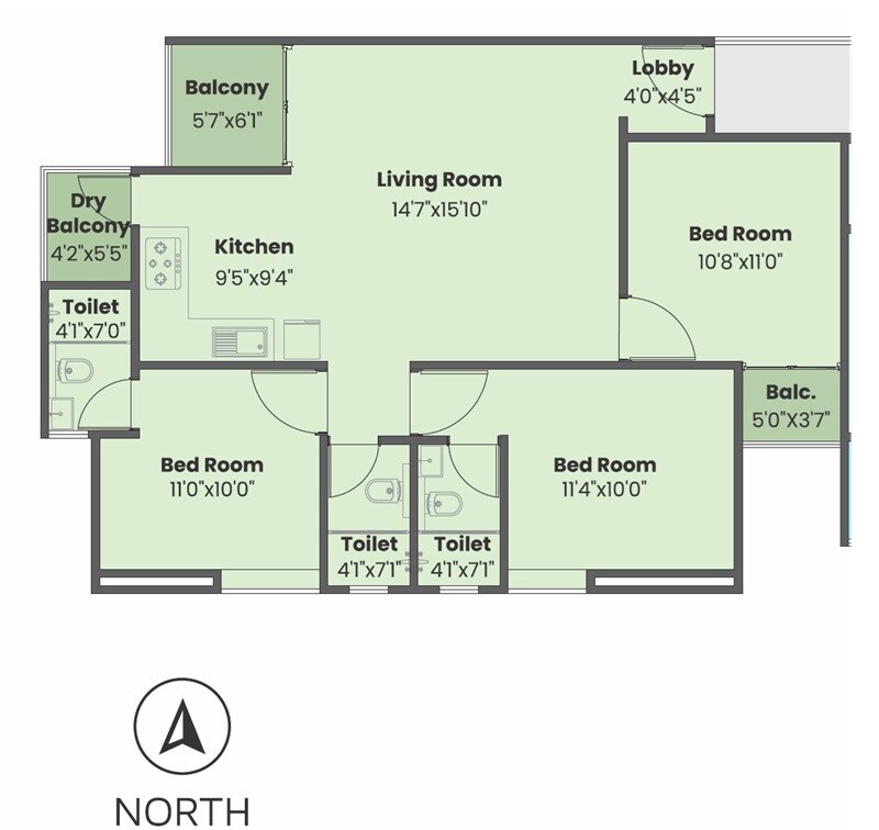 Floor plan of 3 BHK 979 Sq. Ft. Apartment in Sentosa Ekam, Pune