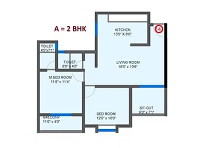 Floor plan of 2 BHK 769 Sq. Ft. Apartment in Shakuntal Dwarka Blue Water, Pune