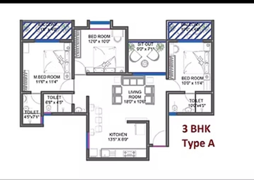 Floor plan of 3 BHK 1001 Sq. Ft. Apartment in Shakuntal Dwarka Blue Water, Pune