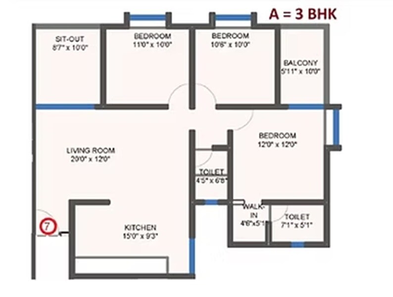 Floor plan of 3 BHK 1027 Sq. Ft. Apartment in Shakuntal Dwarka Blue Water, Pune