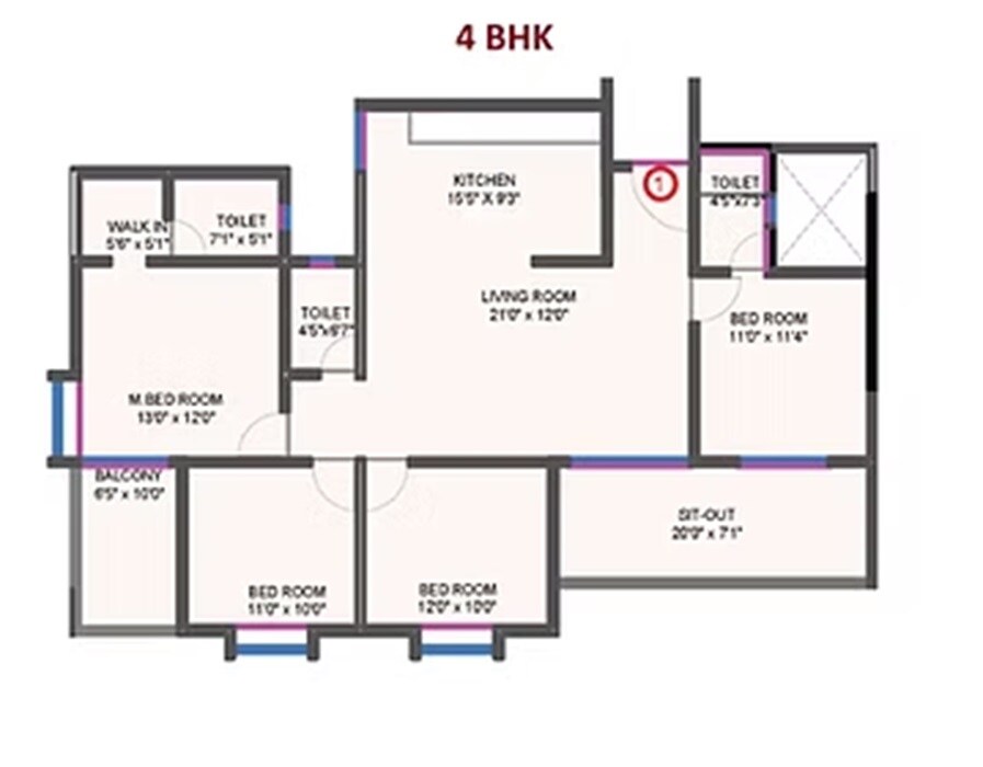 Floor plan of 4 BHK 1339 Sq. Ft. Apartment in Shakuntal Dwarka Blue Water, Pune