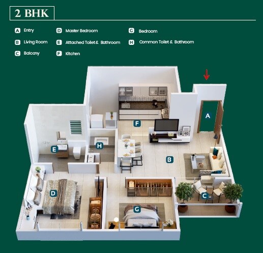 Floor plan of 2 BHK 669 Sq. Ft. Apartment in Shakuntal Forestia Apartment, Pune