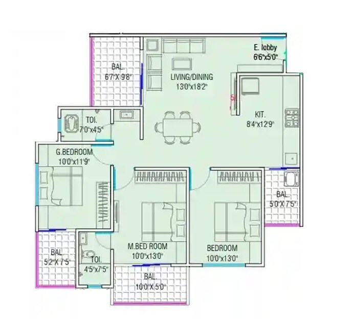Floor plan of 3 BHK 1082 Sq. Ft. Apartment in Shakuntal Forestia Apartment, Pune