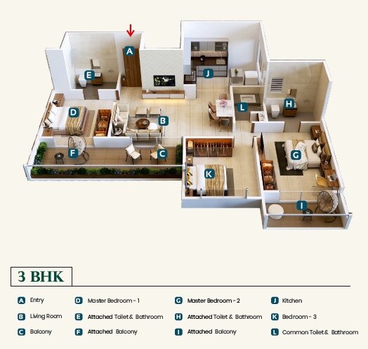 Floor plan of 3 BHK 984 Sq. Ft. Apartment in Shakuntal Forestia Apartment, Pune