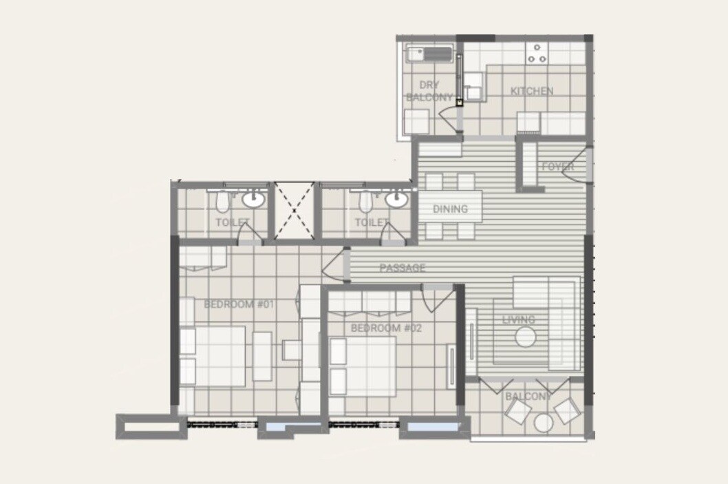 Floor plan of 2 BHK 906 Sq. Ft. Apartment in Shaliggram Advay Homes, Pune