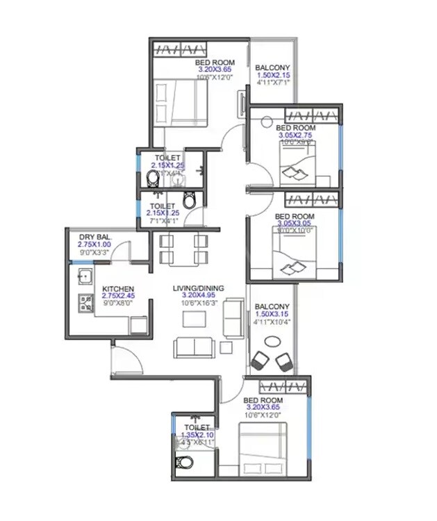 Floor plan of 4 BHK 979 Sq. Ft. Apartment in Shaligram Pavillia, Pune