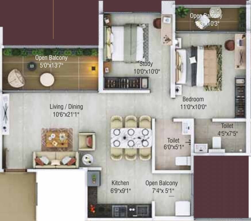 Floor plan of 2 BHK 748 Sq. Ft. Apartment in Shaligram Sky, Pune